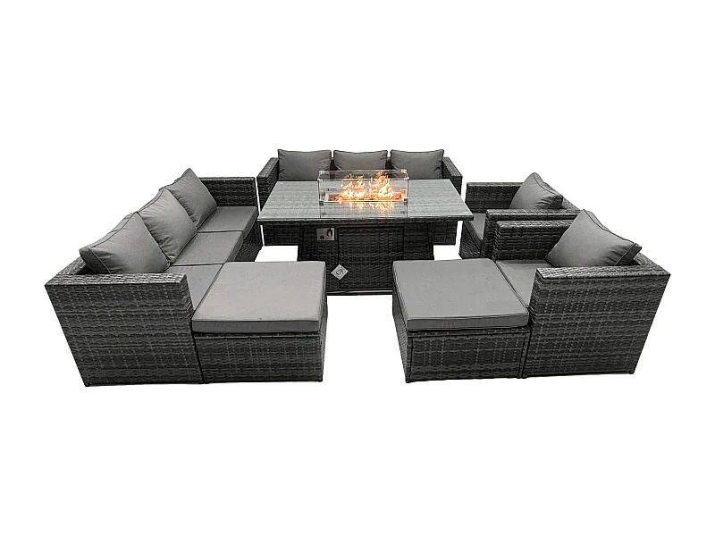 Ensemble de meubles de jardin en rotin ave Table de foyer à gaz 10 places Ensemble de canapés avec 2 Grand tabourets
