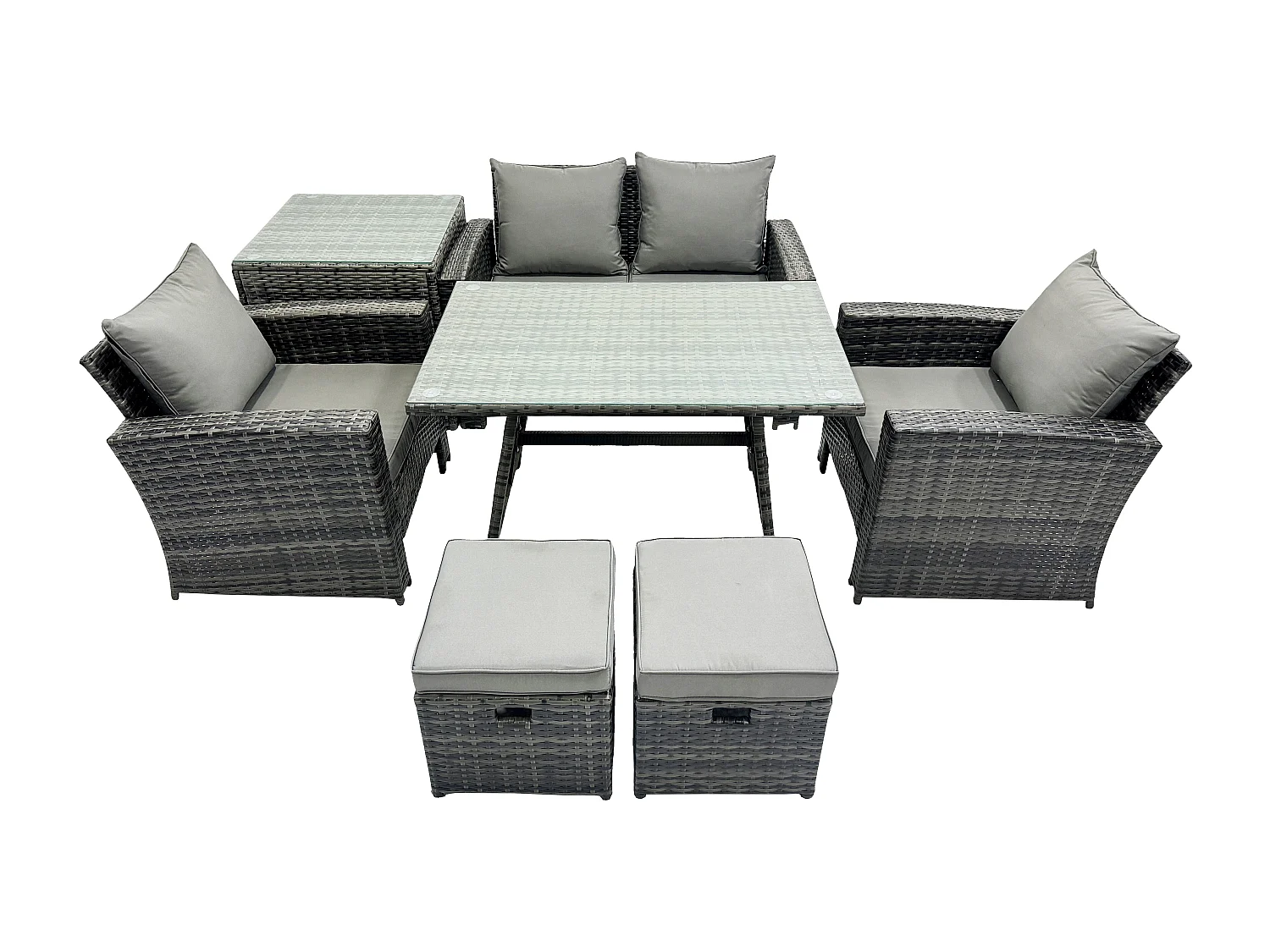 6 places Ensemble de canapé en rotin extérieur avec Table à manger Table d'appoint 2 Petits tabourets Gris foncé mixte