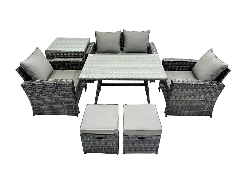 6-Sitzer Rattan Gartenmöbel im Freien Sofa Set mit Beistelltisch 2 kleine Fußhockern Dunkelgrau Gemischt