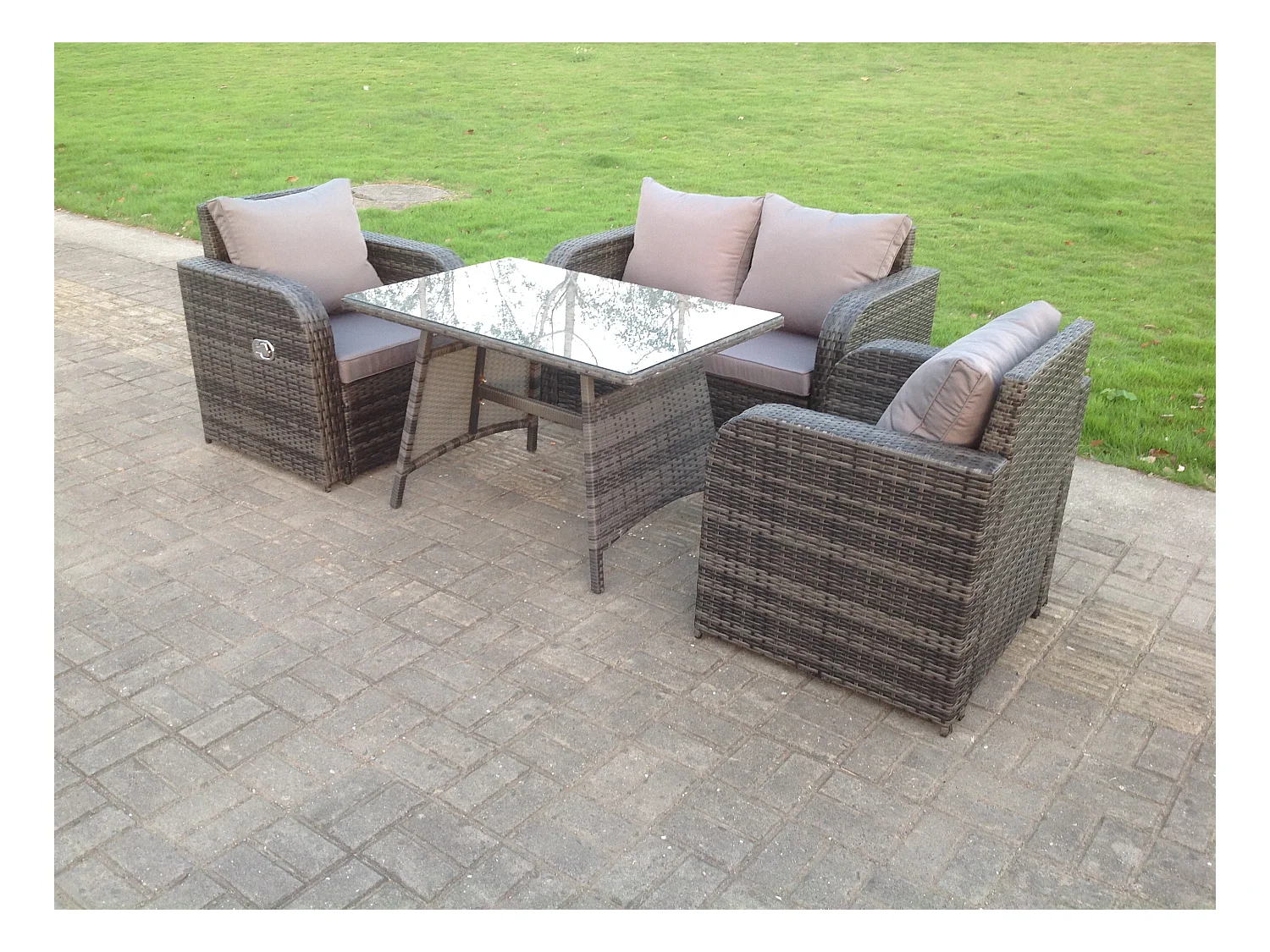 Polyrattan Gartenmöbel Set mit Liegestühle 2-Sitzer Sofa Rechteckiger Esstisch