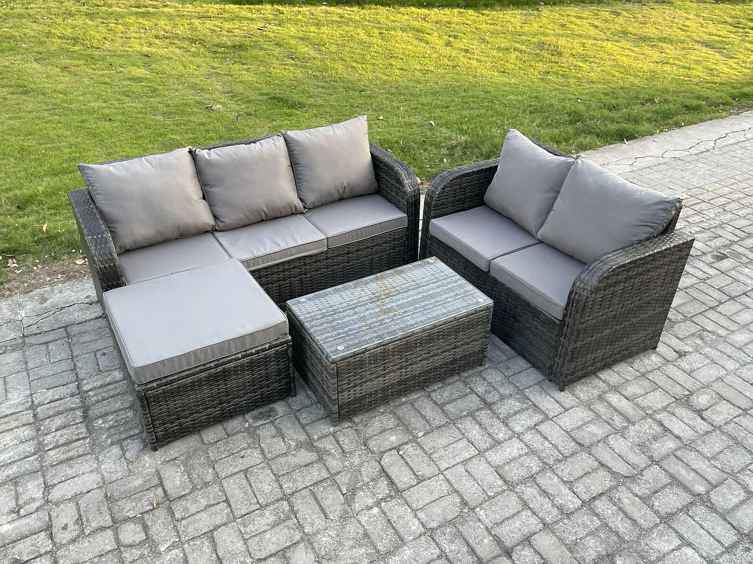 6 places Ensemble de Meubles de Jardin avec Table basse rectangulaire Canapé 3 places Canapé d'amour Grand tabouret