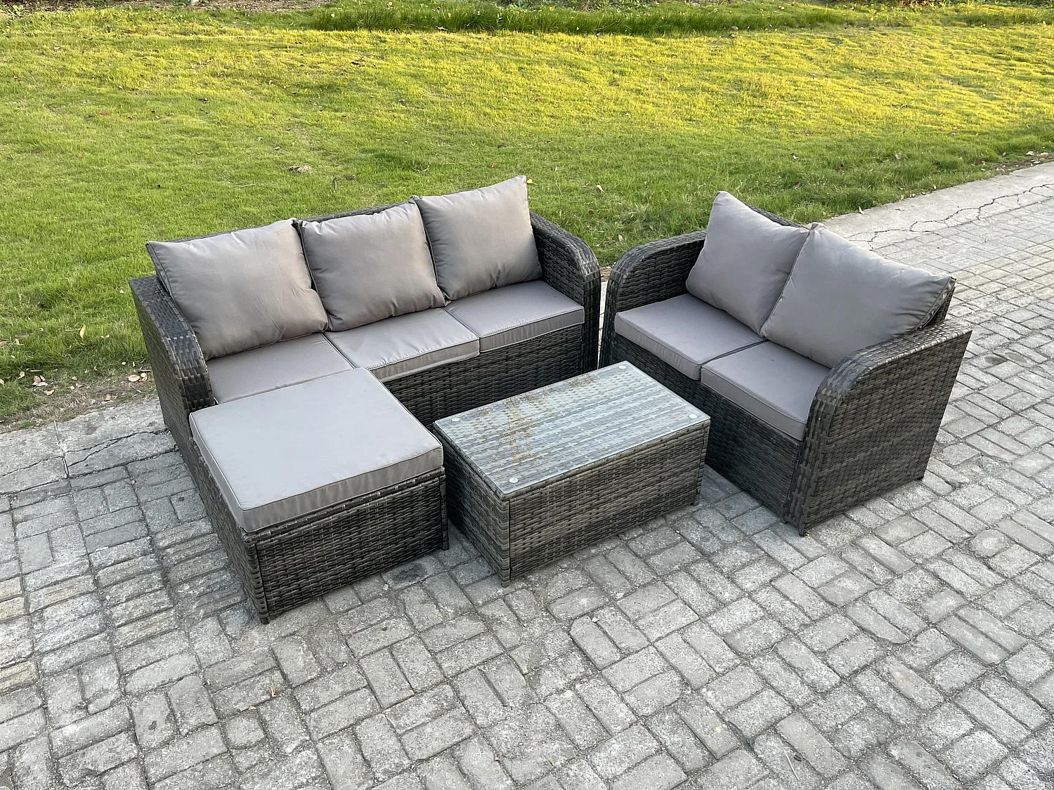 6 places Ensemble de Meubles de Jardin avec Table basse rectangulaire Canapé 3 places Canapé d'amour Grand tabouret