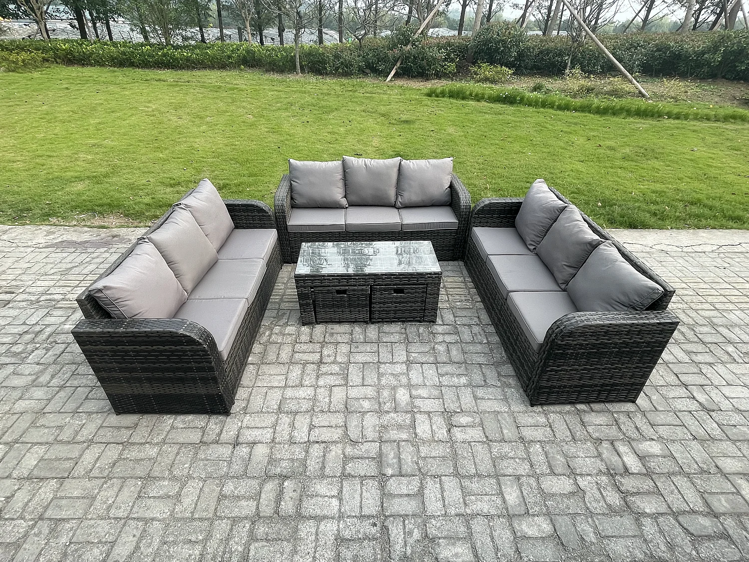 11-Sitzer Polyrattan Gartenmöbel Set Patio Sofa Set mit Couchtisch 2 kleine Fußhockern Dunkelgrau Gemischt