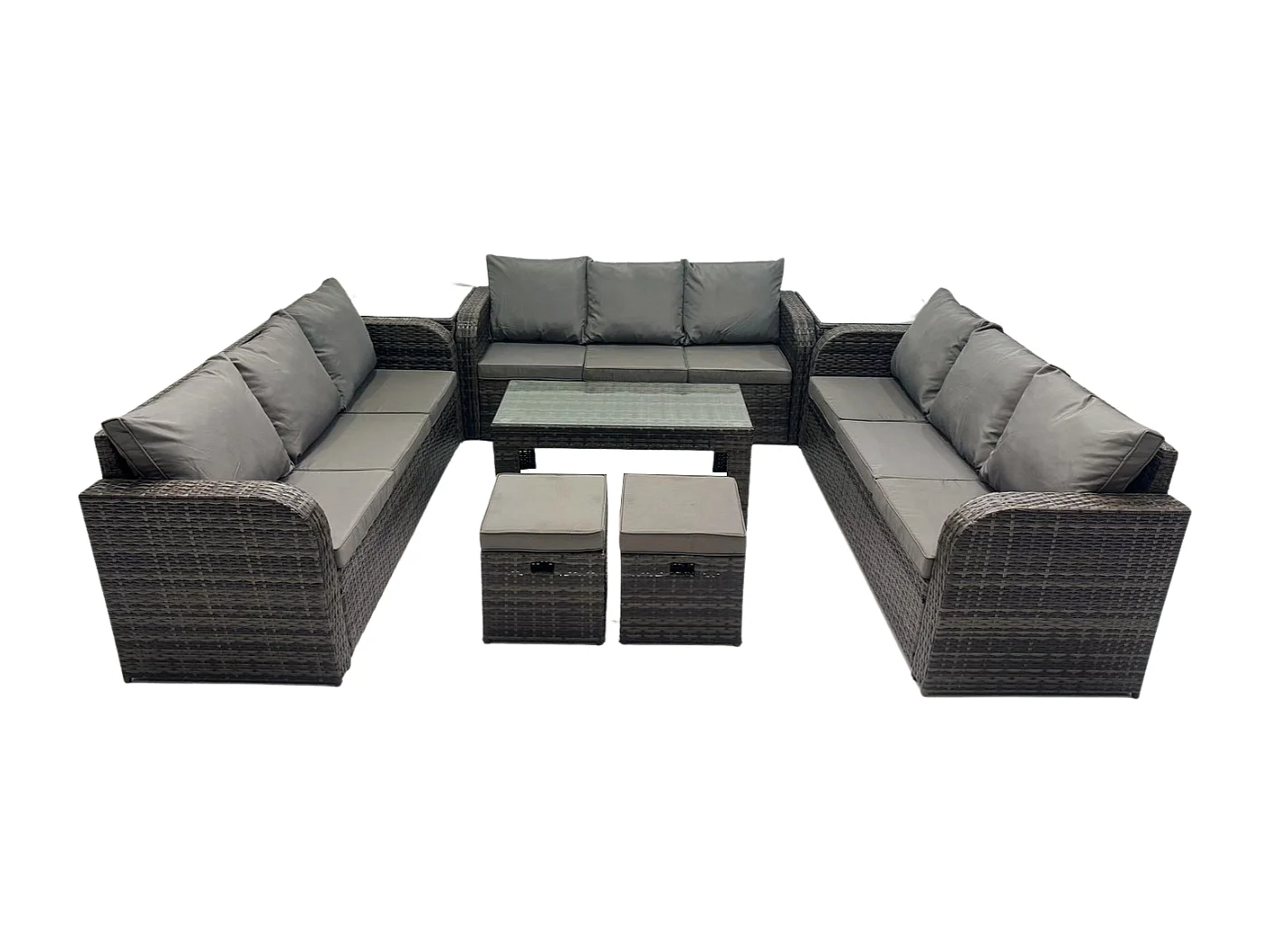 11-Sitzer Polyrattan Gartenmöbel Set Patio Sofa Set mit Couchtisch 2 kleine Fußhockern Dunkelgrau Gemischt