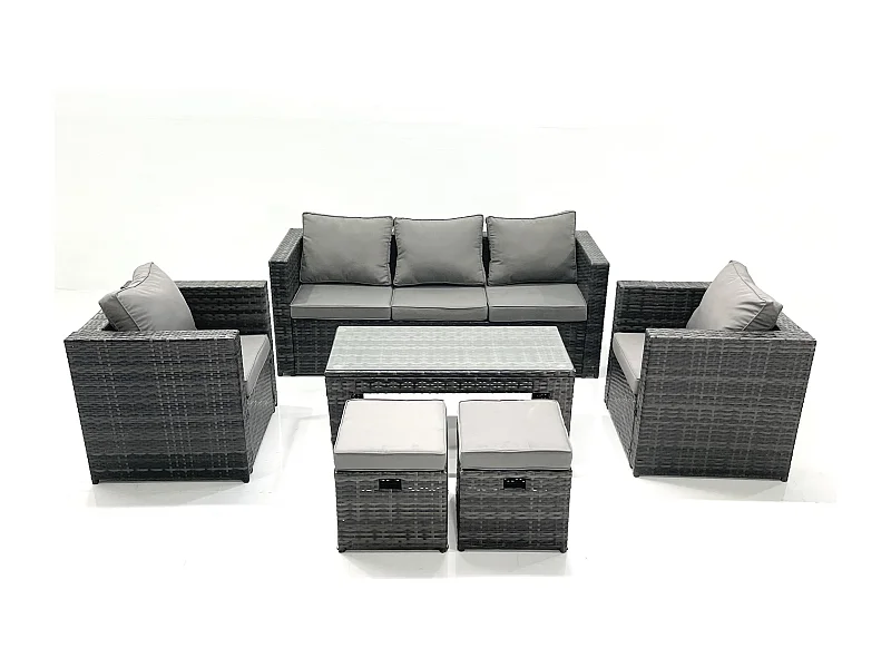 Salon de jardin Ensemble de canapés en rotin avec Table basse 2 Fauteuil 2 Petits tabourets Gris foncé mixte