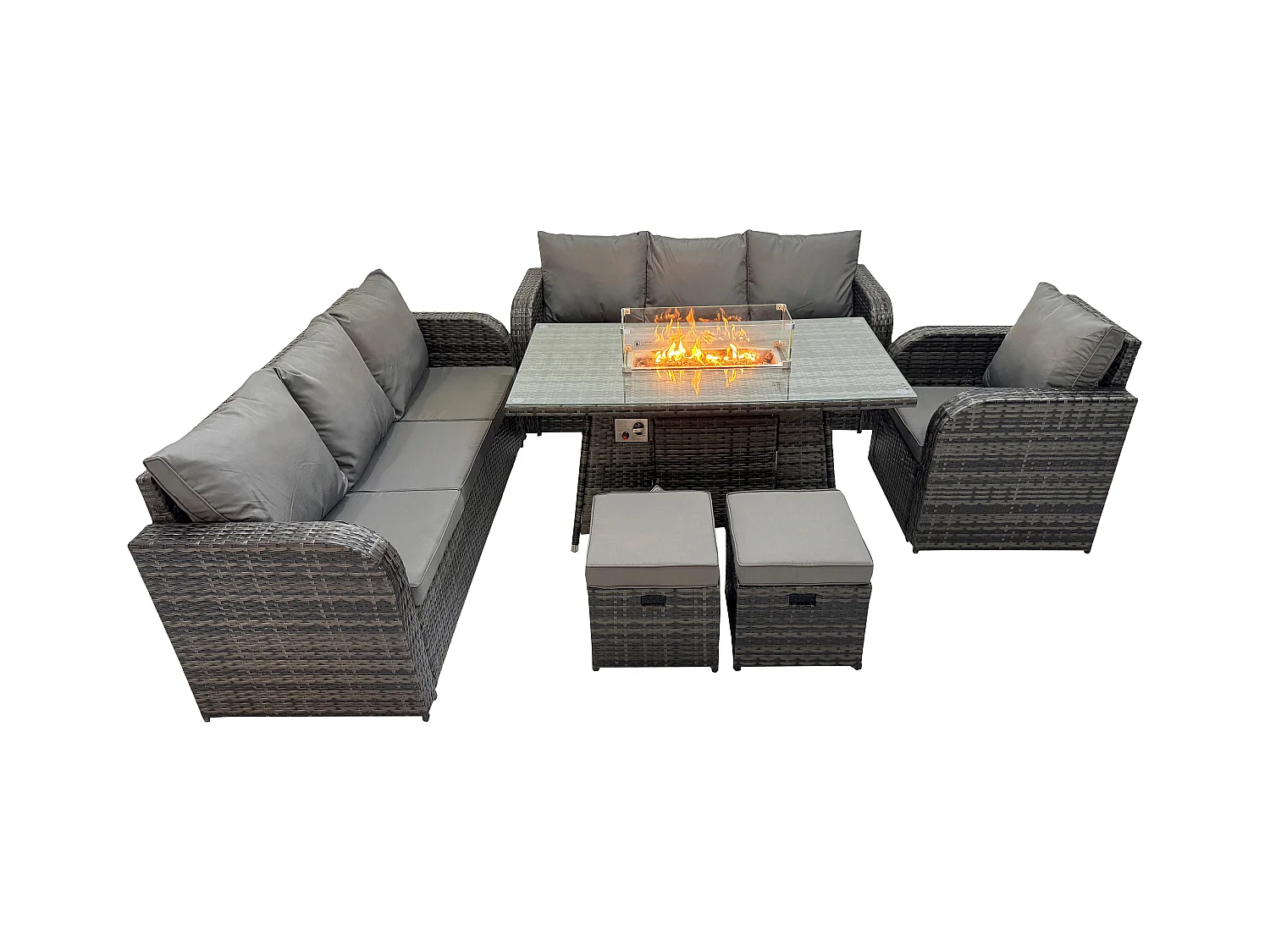 9-Sitzer Polyrattan Gartenmöbel Set Gas Feuerstelle Esstisch Liegestühle 3-Sitzer Sofa Set mit 2 kleine Fußhockern