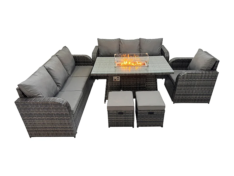 9-Sitzer Polyrattan Gartenmöbel Set Gas Feuerstelle Esstisch Liegestühle 3-Sitzer Sofa Set mit 2 kleine Fußhockern