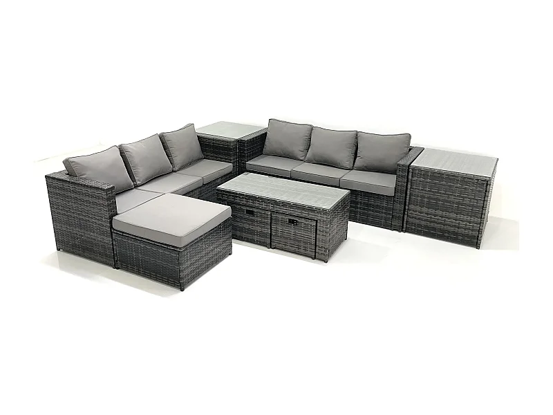 Garten Rattanmöbel Set mit Sofa Couchtisch 3 Hockern 2 Beistelltischen Dunkelgrau Gemischt