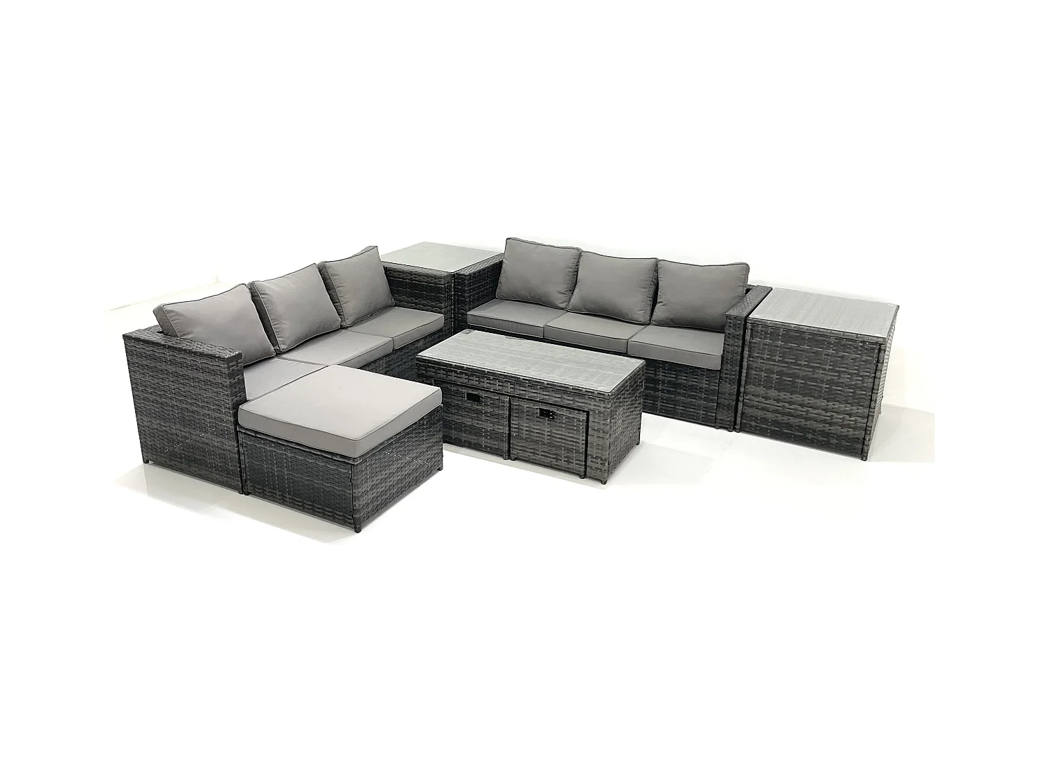 Garten Rattanmöbel Set mit Sofa Couchtisch 3 Hockern 2 Beistelltischen Dunkelgrau Gemischt