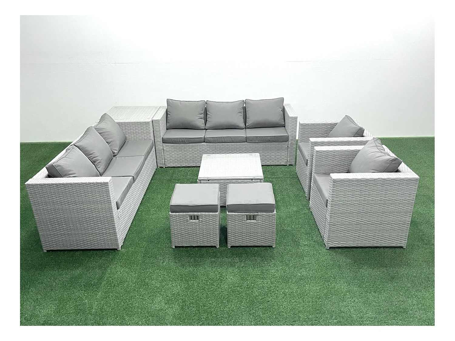 Salon de Jardin en rotin avec 2 Fauteuil Table basse carrée 2 Petits tabourets Table d'appoint Gris clair mixte