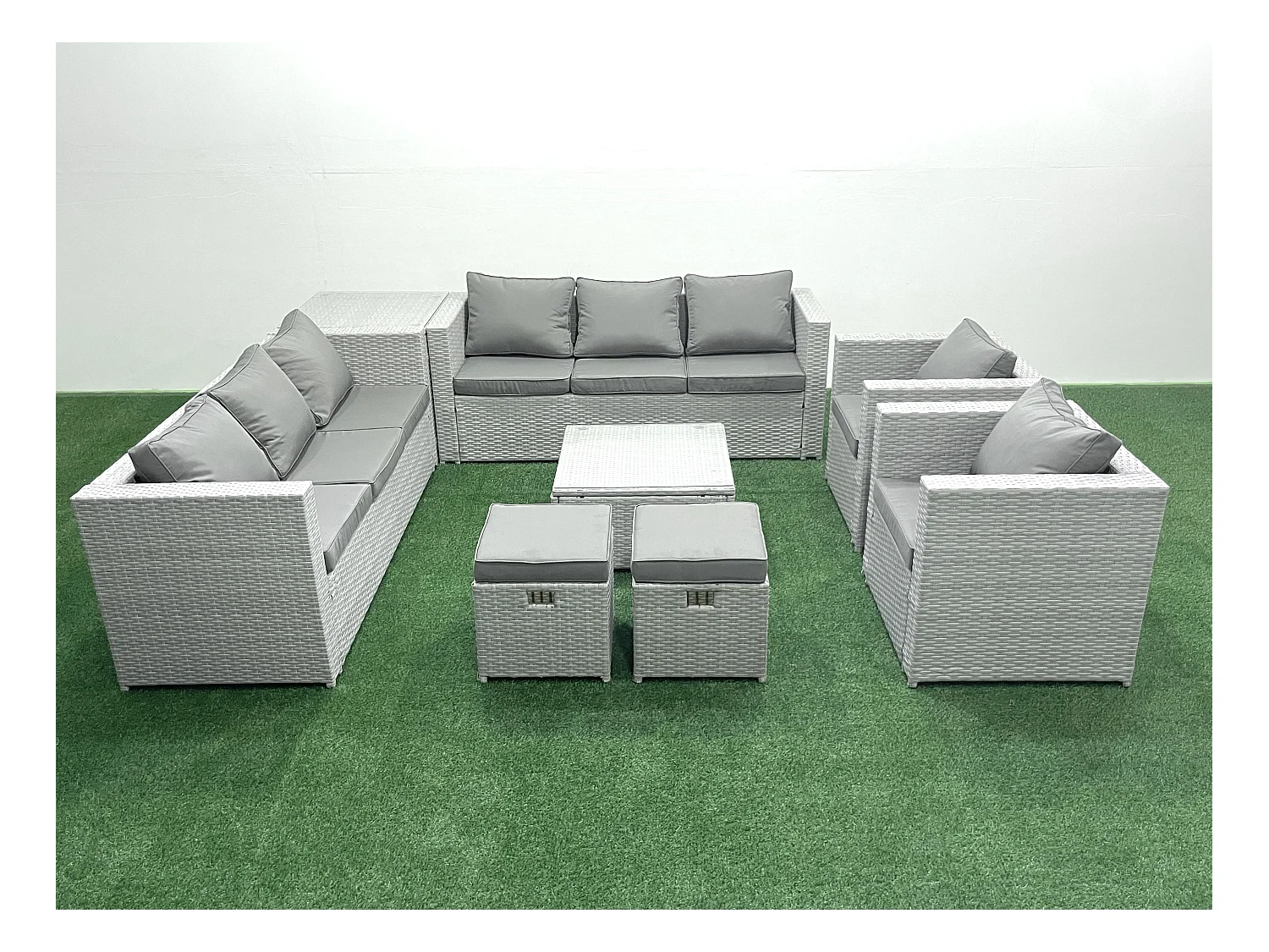 Salon de Jardin en rotin avec 2 Fauteuil Table basse carrée 2 Petits tabourets Table d'appoint Gris clair mixte