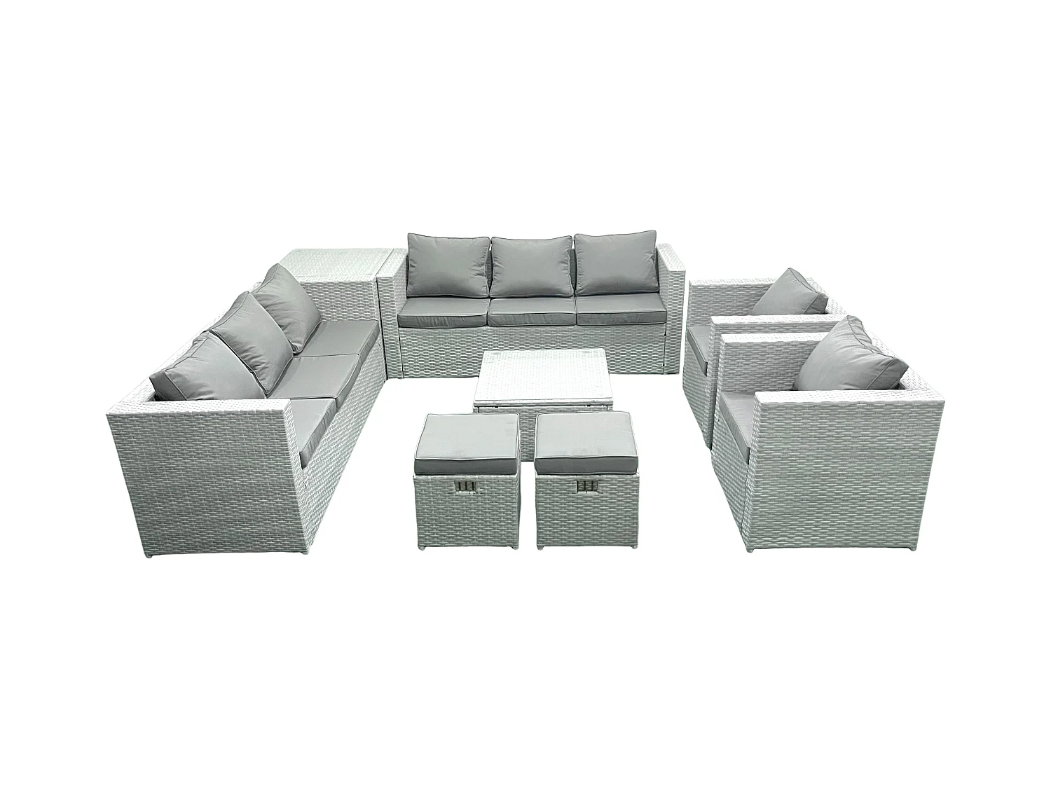Rattan Sofa Gartenmöbel Set mit 2 Sesseln Quadratischer Couchtisch 2 kleine Fußhockern Beistelltisch Hellgrau gemischt