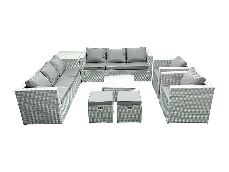 Rattan Sofa Gartenmöbel Set mit 2 Sesseln Quadratischer Couchtisch 2 kleine Fußhockern Beistelltisch Hellgrau gemischt