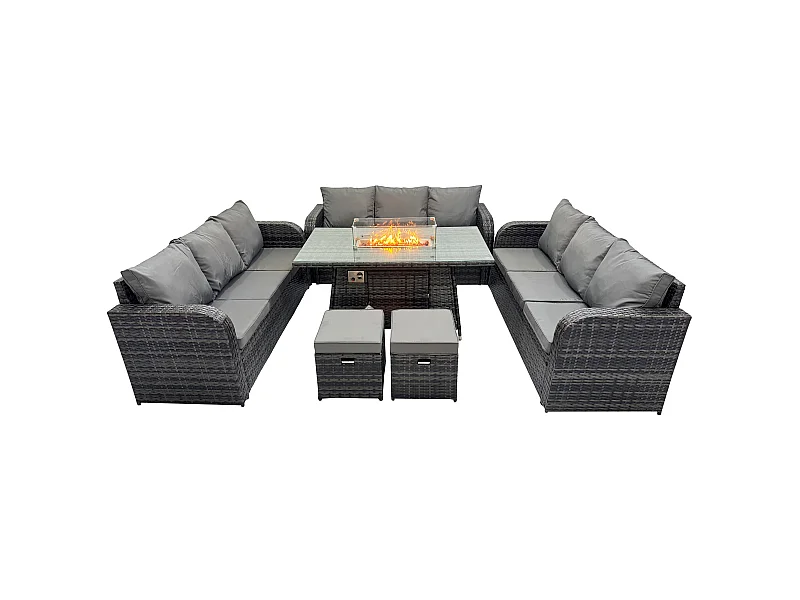 Polyrattan Gartenmöbel Set Gasfeuerstelle Esstisch Set mit 2 kleine Fußhockern Dunkelgrau Gemischt