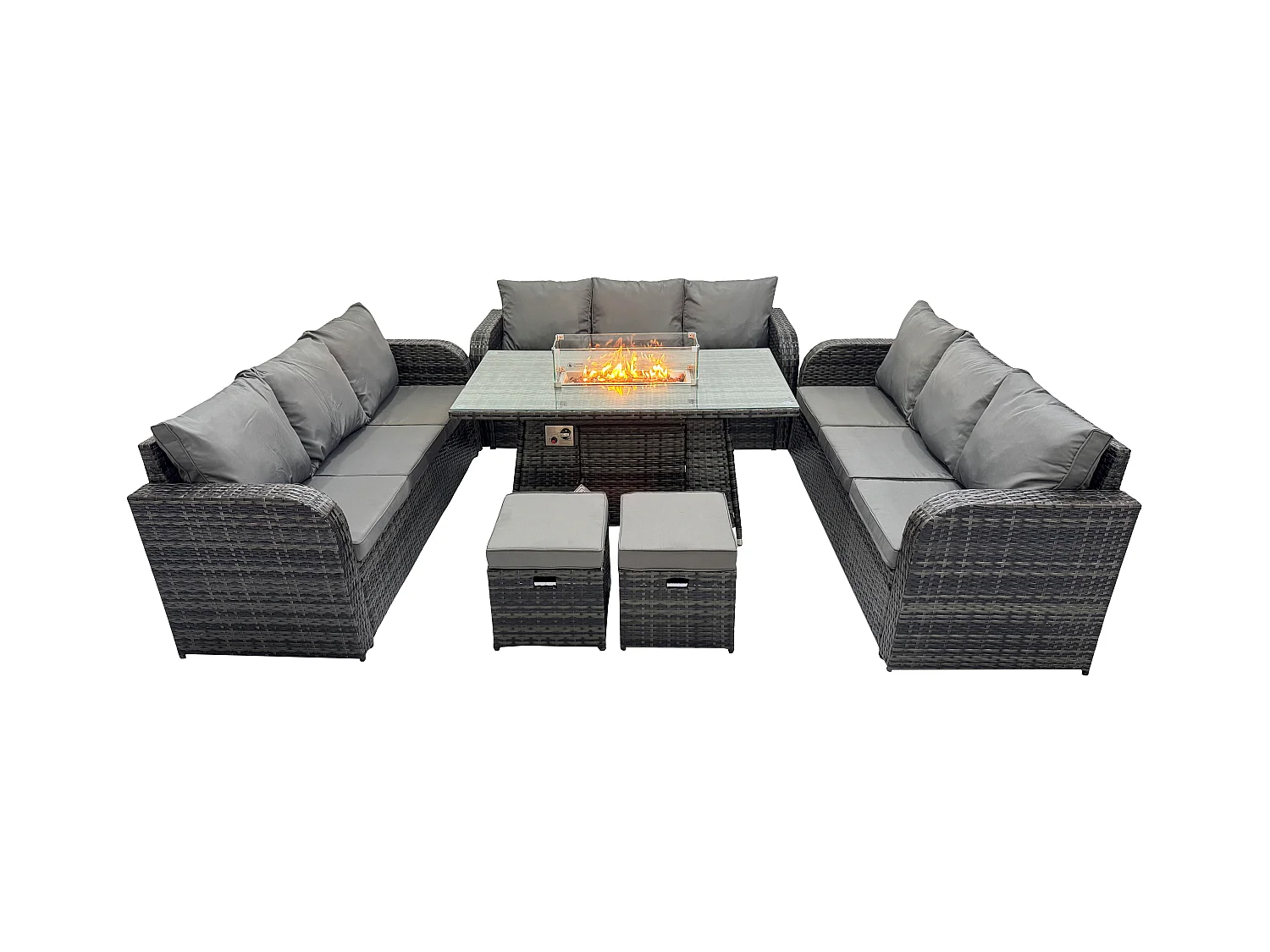 Polyrattan Gartenmöbel Set Gasfeuerstelle Esstisch Set mit 2 kleine Fußhockern Dunkelgrau Gemischt