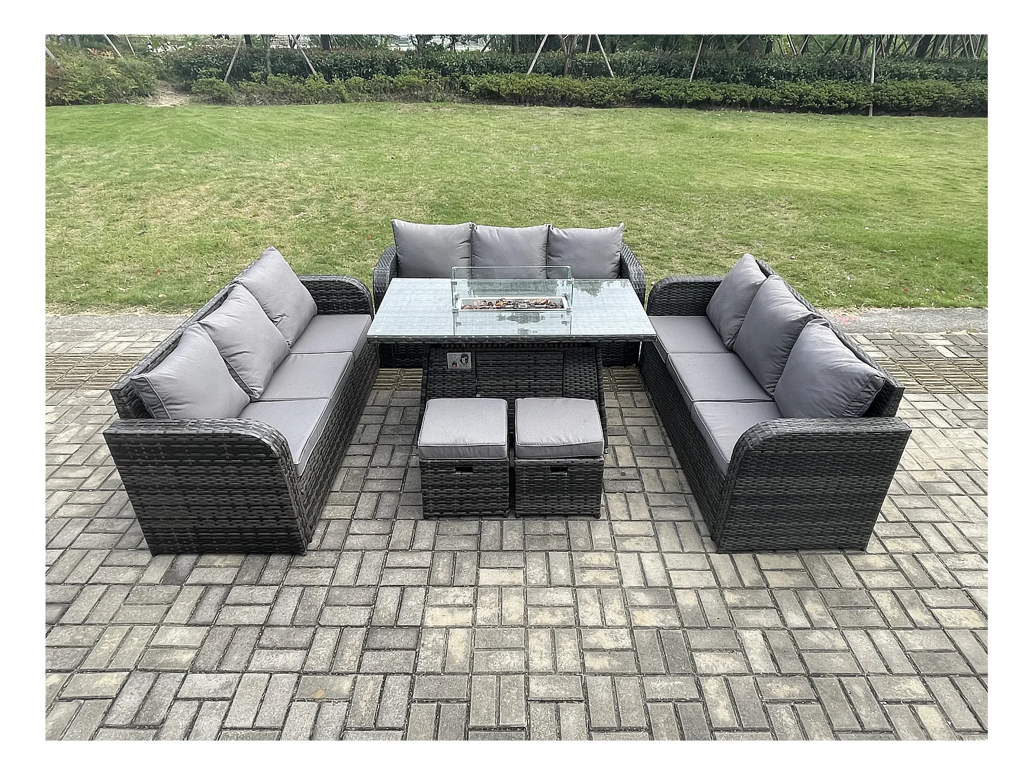 Polyrattan Gartenmöbel Set Gasfeuerstelle Esstisch Set mit 2 kleine Fußhockern Dunkelgrau Gemischt