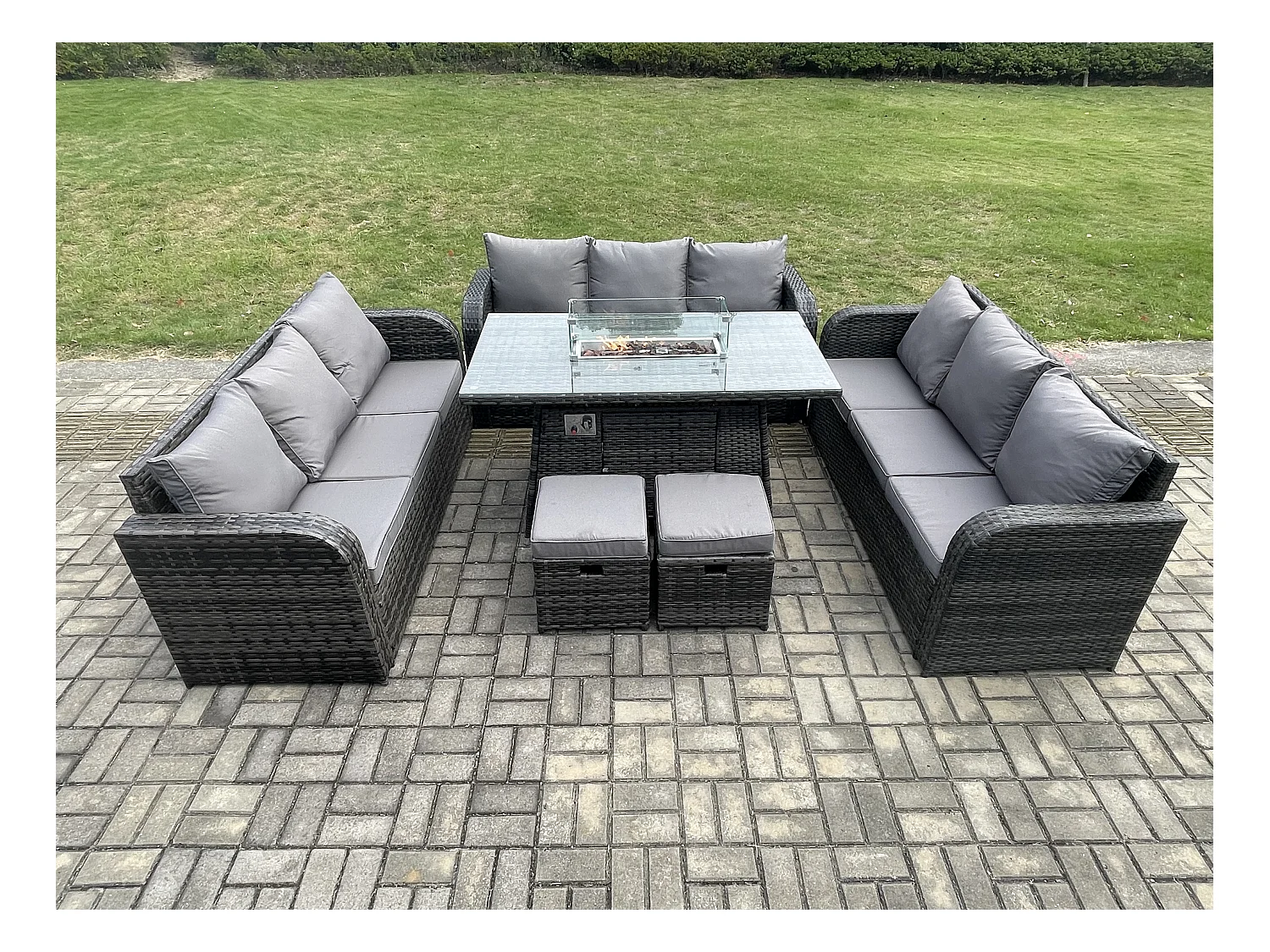 Polyrattan Gartenmöbel Set Gasfeuerstelle Esstisch Set mit 2 kleine Fußhockern Dunkelgrau Gemischt