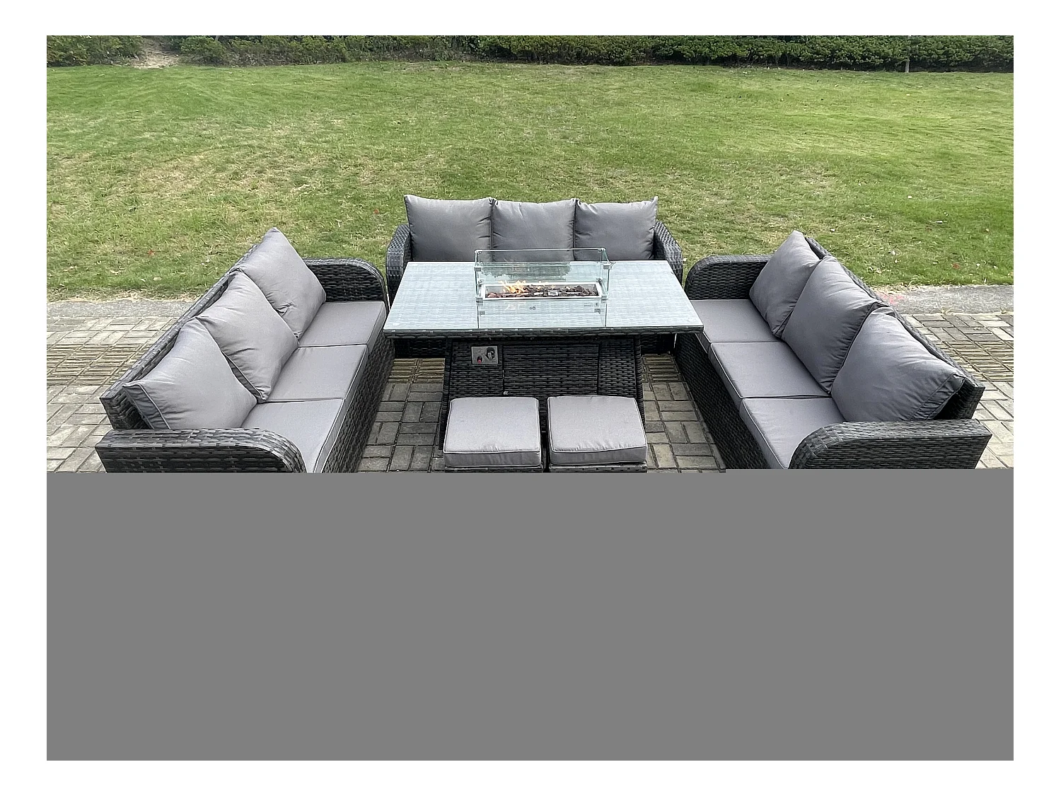 Polyrattan Gartenmöbel Set Gasfeuerstelle Esstisch Set mit 2 kleine Fußhockern Dunkelgrau Gemischt