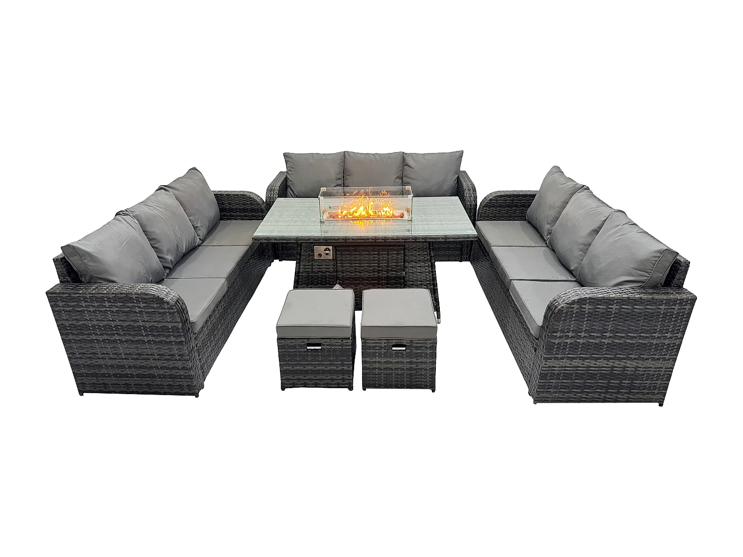 Polyrattan Gartenmöbel Set Gasfeuerstelle Esstisch Set mit 2 kleine Fußhockern Dunkelgrau Gemischt