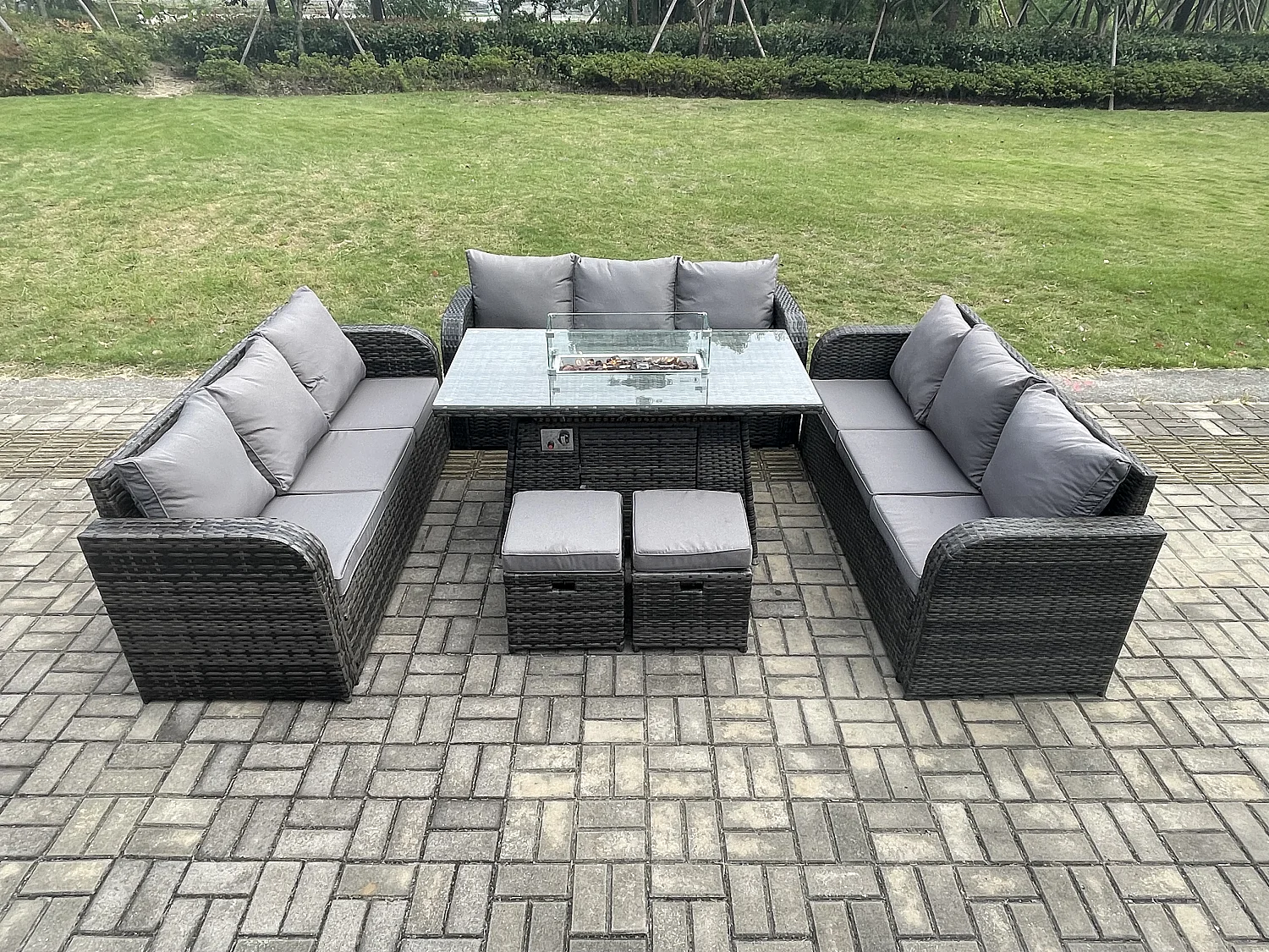 Polyrattan Gartenmöbel Set Gasfeuerstelle Esstisch Set mit 2 kleine Fußhockern Dunkelgrau Gemischt
