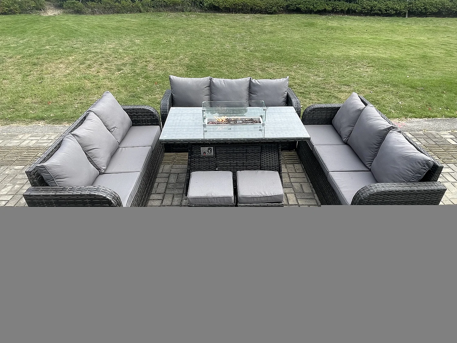 Polyrattan Gartenmöbel Set Gasfeuerstelle Esstisch Set mit 2 kleine Fußhockern Dunkelgrau Gemischt