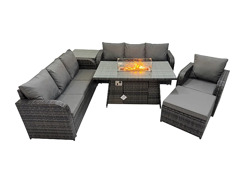 Ensemble Repas de Jardin Exterieur Table de foyer à gaz Chaise inclinable Canapé 3 places et avec Grand tabouret Table d'appoint 8 places