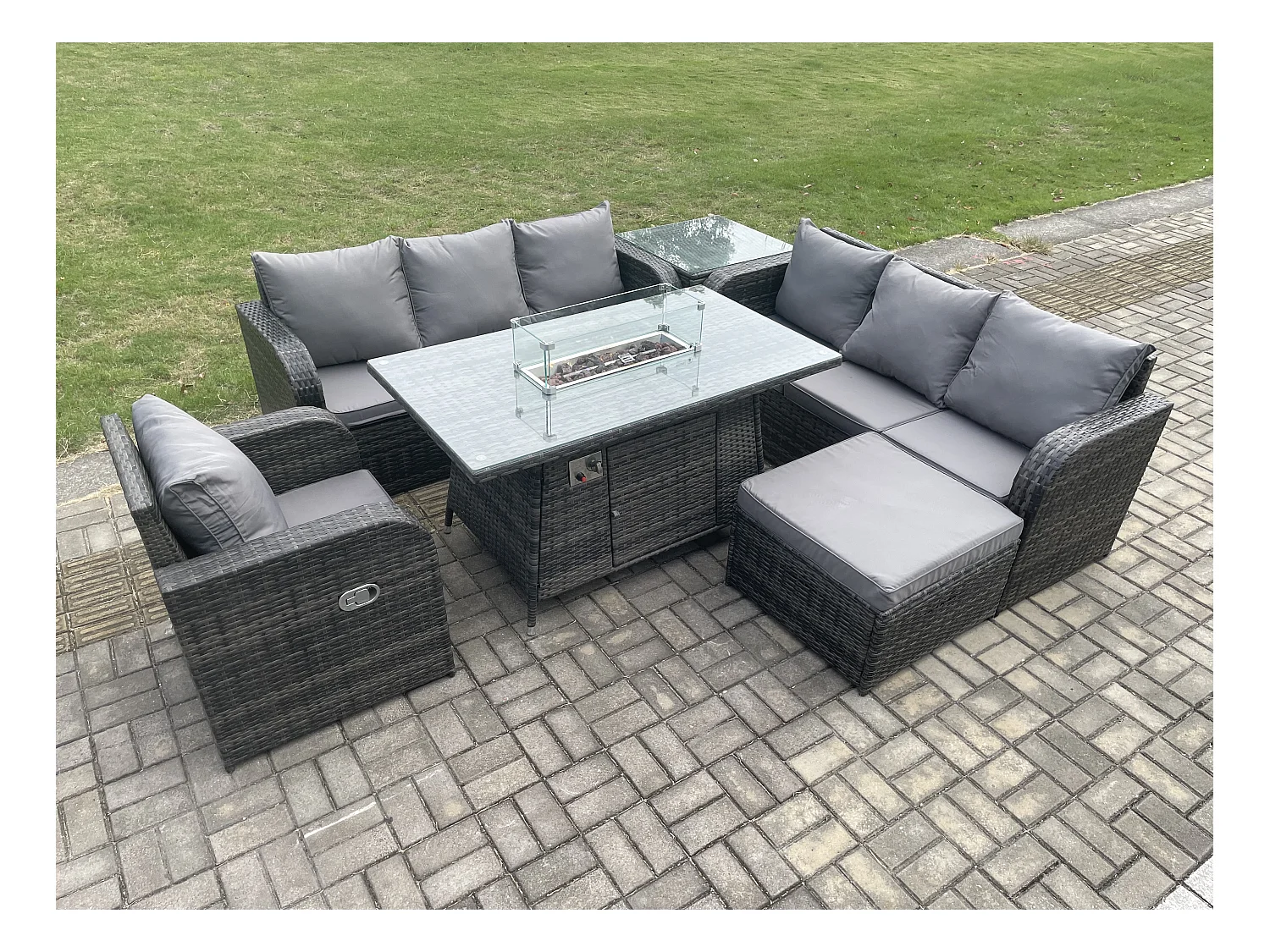 Ensemble Repas de Jardin Exterieur Table de foyer à gaz Chaise inclinable Canapé 3 places et avec Grand tabouret Table d'appoint 8 places