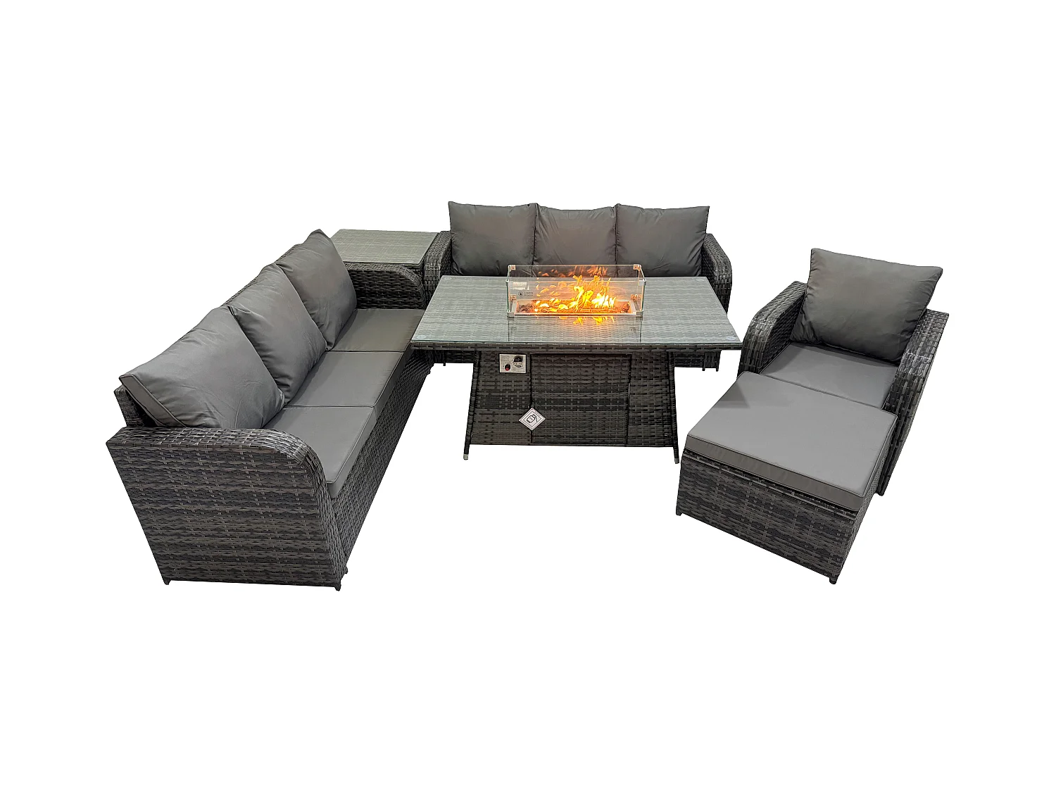 Rattan Gartenmöbel Set im Balkon Gas Feuerstelle Tisch Liegestühle 3-Sitzer Sofa Sets mit 2 Großer Hockern Beistelltisch 8-Sitzer