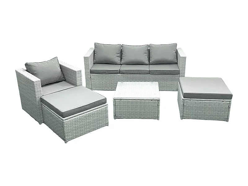Salon de Jardin Exterieur en Résine 6 places avec Canapé 2 Grand tabourets Fauteuil Gris clair mixte