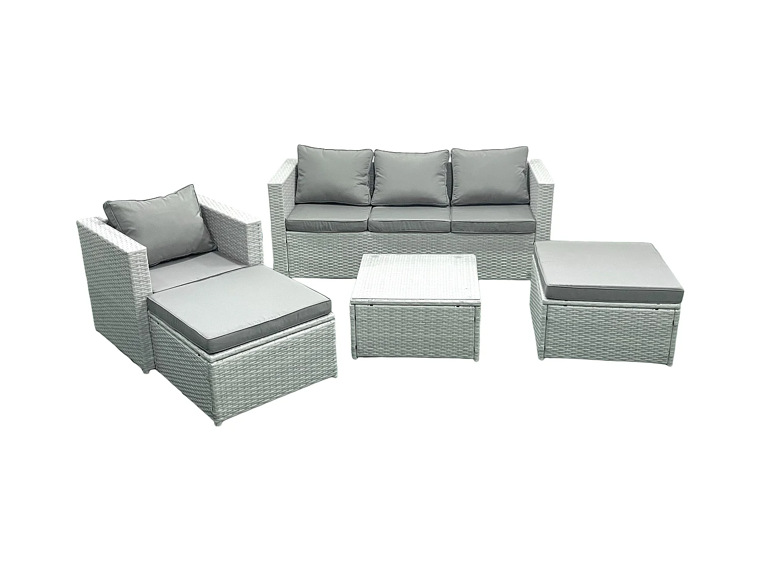Salon de Jardin Exterieur en Résine 6 places avec Canapé 2 Grand tabourets Fauteuil Gris clair mixte