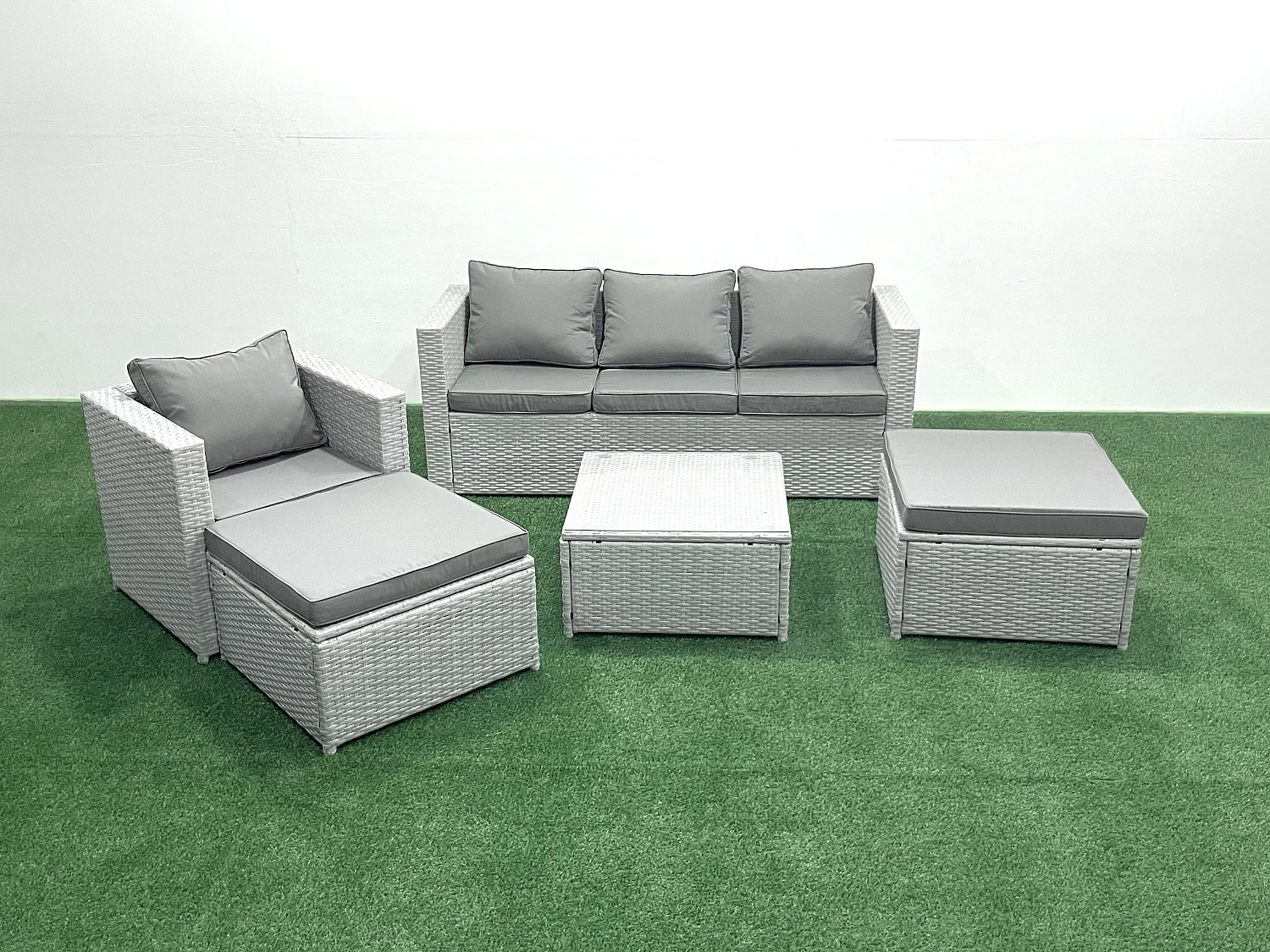 Gartenmöbel-Set 6-Sitzer Polyrattan Sofa Set mit 2 hohen Hockern Sessel Hellgrau gemischt