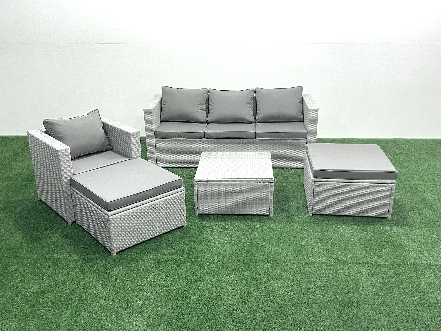Gartenmöbel-Set 6-Sitzer Polyrattan Sofa Set mit 2 hohen Hockern Sessel Hellgrau gemischt