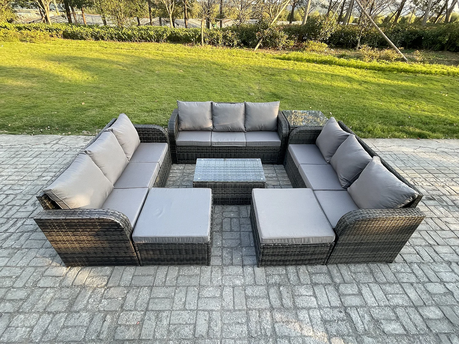 Gartenmöbel-Sets 11-Sitzer Polyrattan Möbel Sofa Sets mit Rechteckiger Couchtisch 3-Sitzer Sofa Beistelltisch 2 hohen Hockern Dunkelgrau Gemischt