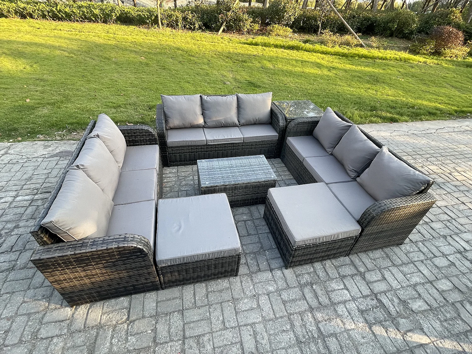 Gartenmöbel-Sets 11-Sitzer Polyrattan Möbel Sofa Sets mit Rechteckiger Couchtisch 3-Sitzer Sofa Beistelltisch 2 hohen Hockern Dunkelgrau Gemischt