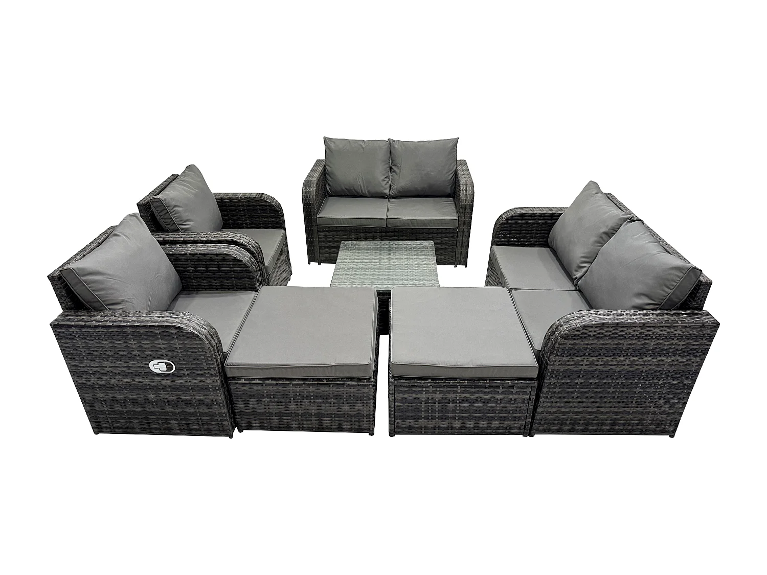 8 places Dossier haut Salon de jardin avec Table basse carrée 2 Grand tabourets Canapé d'amour Chaise inclinable Ensemble de canapés en rotin Gris foncé mixte