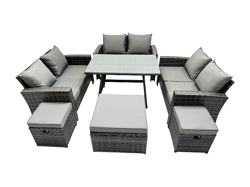 Garten Sofa im Freien Set Polyrattan Gartenmöbel Set mit Rechteckiger Esstisch 2 Seat Sofa 3 Hockern Dunkelgrau Gemischt
