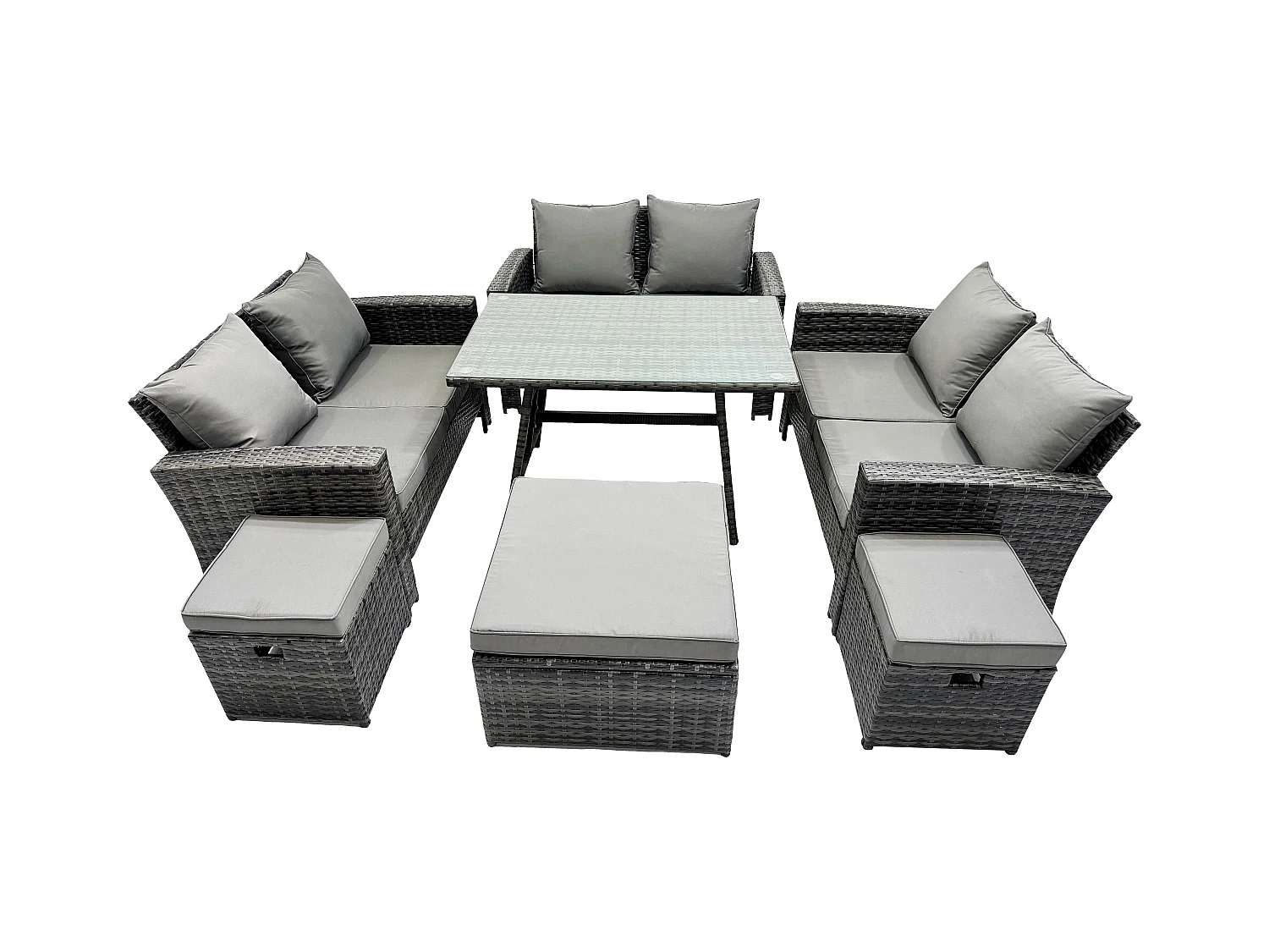 Garten Sofa im Freien Set Polyrattan Gartenmöbel Set mit Rechteckiger Esstisch 2 Seat Sofa 3 Hockern Dunkelgrau Gemischt