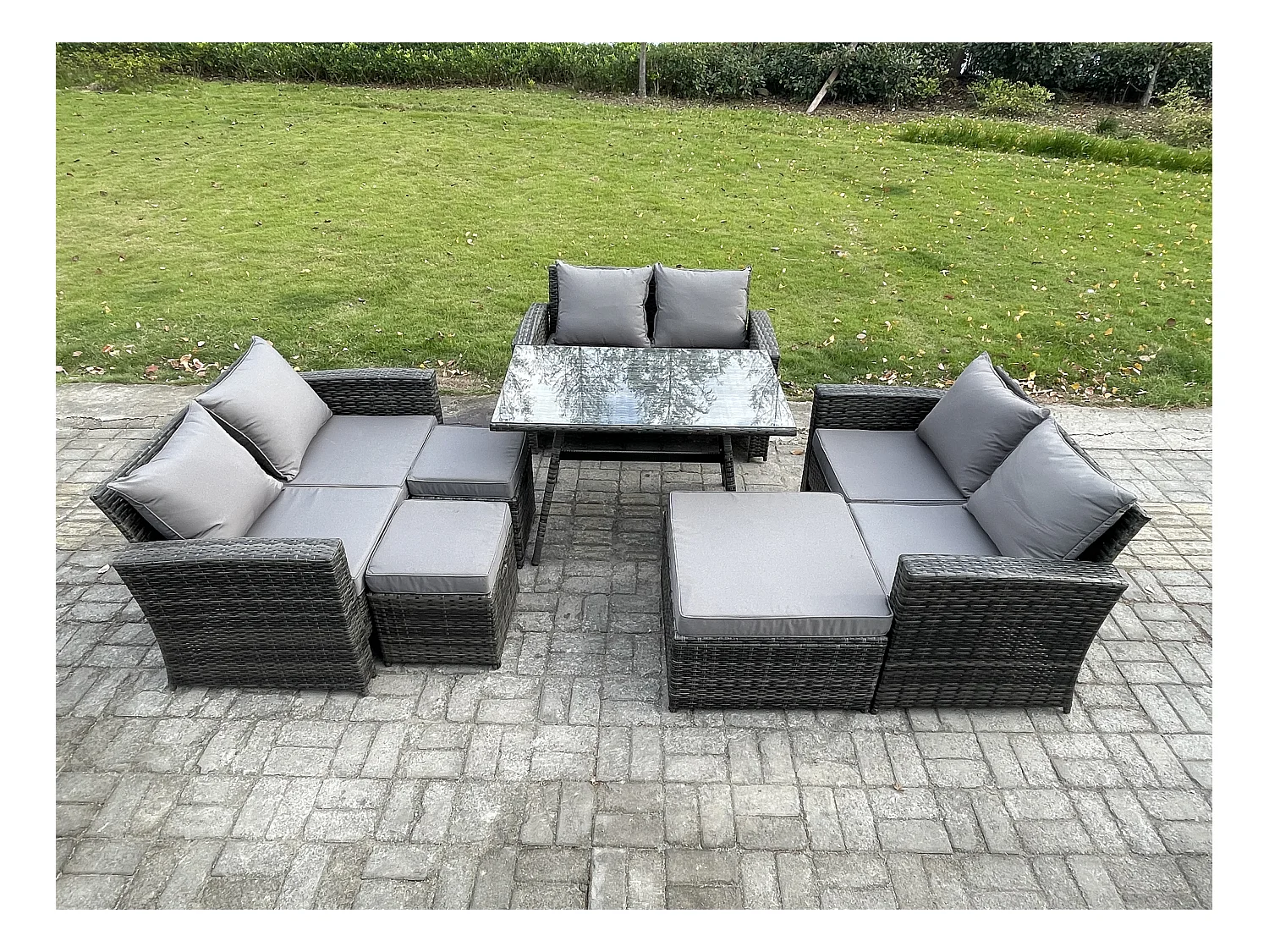 Garten Sofa im Freien Set Polyrattan Gartenmöbel Set mit Rechteckiger Esstisch 2 Seat Sofa 3 Hockern Dunkelgrau Gemischt