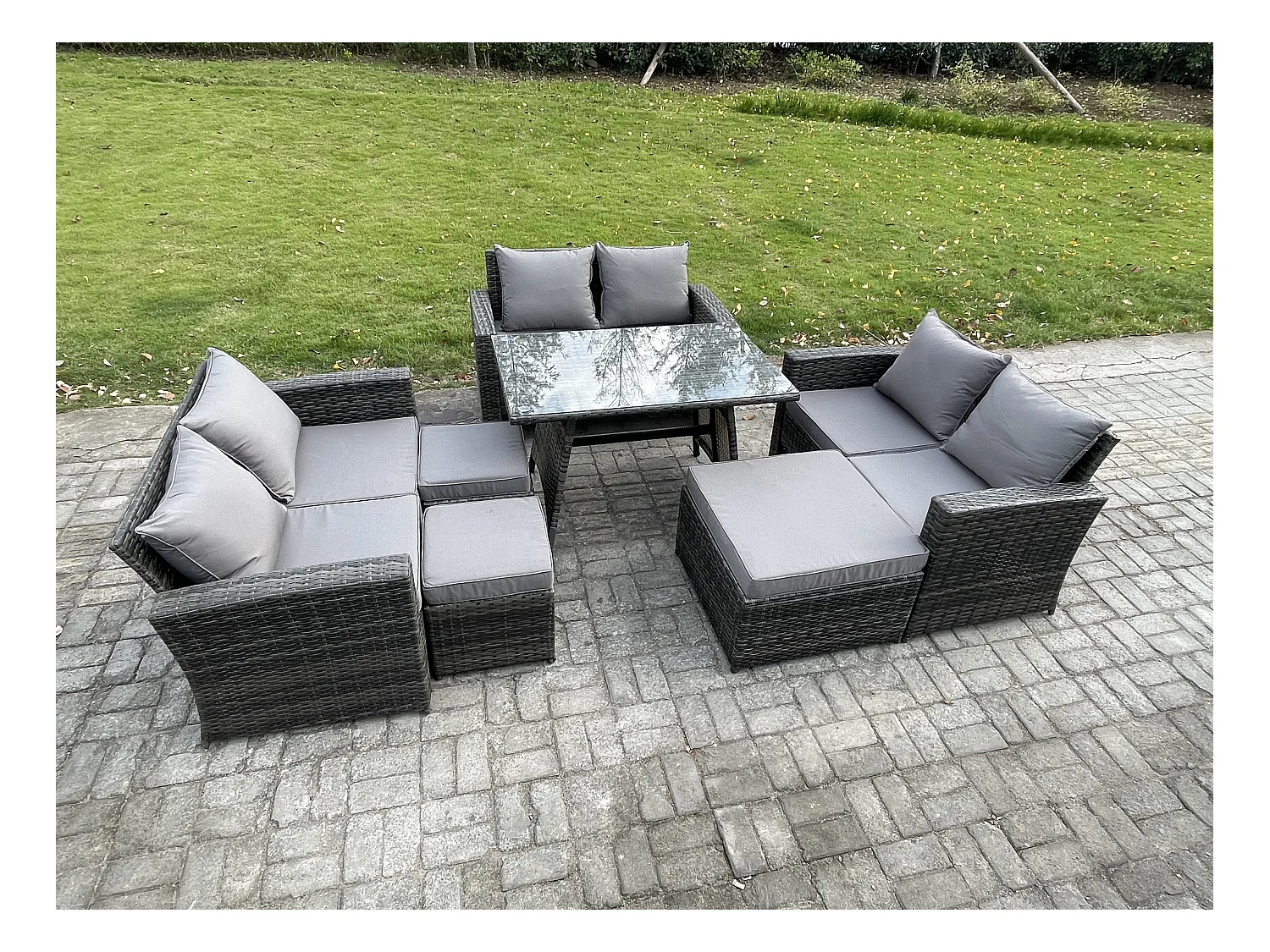 Garten Sofa im Freien Set Polyrattan Gartenmöbel Set mit Rechteckiger Esstisch 2 Seat Sofa 3 Hockern Dunkelgrau Gemischt
