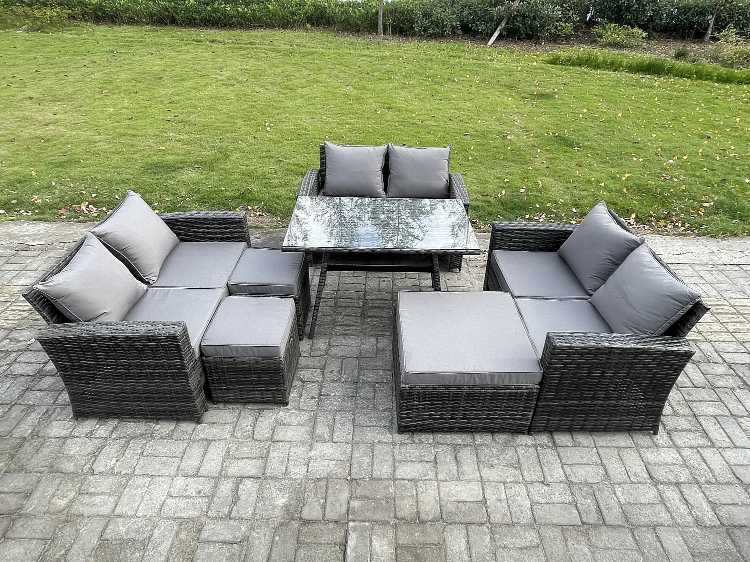 Garten Sofa im Freien Set Polyrattan Gartenmöbel Set mit Rechteckiger Esstisch 2 Seat Sofa 3 Hockern Dunkelgrau Gemischt