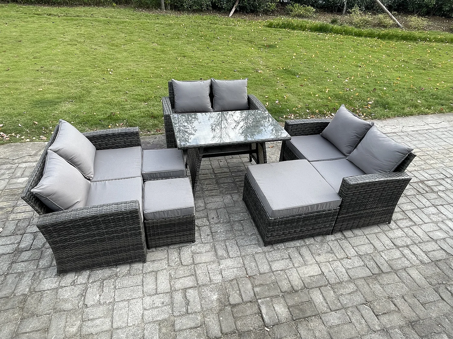 Garten Sofa im Freien Set Polyrattan Gartenmöbel Set mit Rechteckiger Esstisch 2 Seat Sofa 3 Hockern Dunkelgrau Gemischt