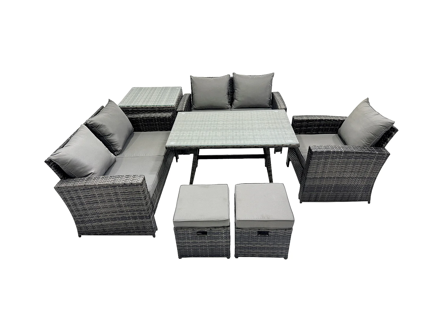 Ensemble de canapé en rotin extérieur avec Table à manger rectangulaire Canapé à deux places Table d'appoint 2 Petits tabourets Gris foncé mixte