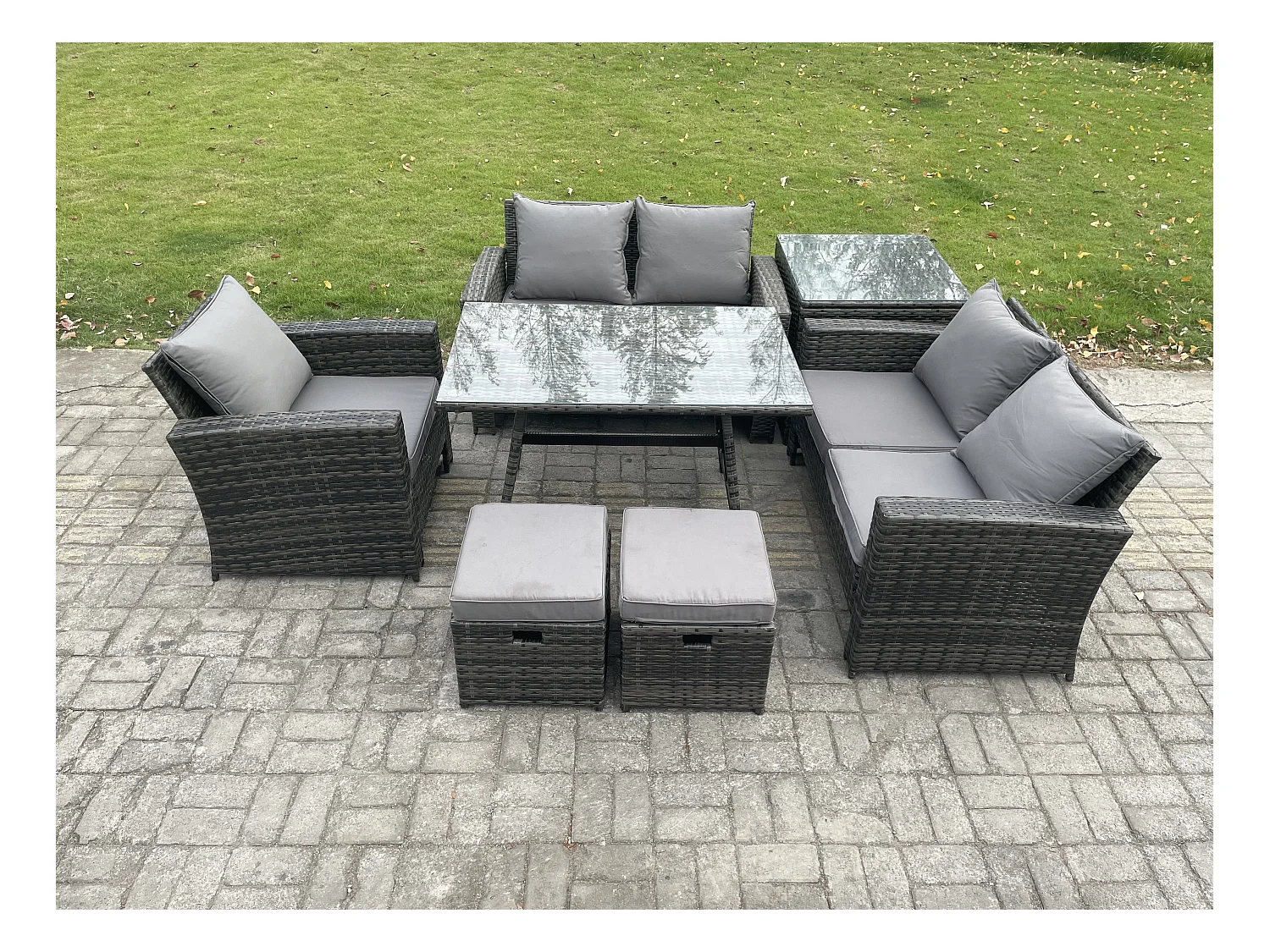 Ensemble de canapé en rotin extérieur avec Table à manger rectangulaire Canapé à deux places Table d'appoint 2 Petits tabourets Gris foncé mixte