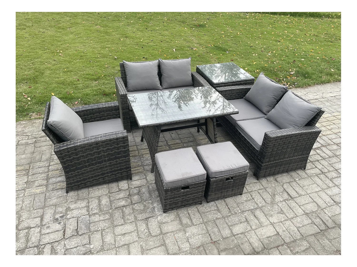 Ensemble de canapé en rotin extérieur avec Table à manger rectangulaire Canapé à deux places Table d'appoint 2 Petits tabourets Gris foncé mixte