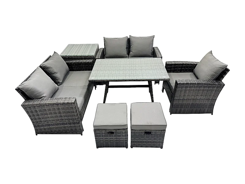 Polyrattan Garten Esstisch Set Gartenmöbel Sofa mit Rechteckiger Esstisch Loveseat Sofa Beistelltisch 2 kleine Fußhockern Dunkelgrau Gemischt