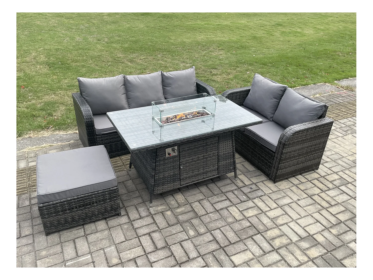 Salon de jardin exterieur Table de foyer à gaz et Canapé avec Grand tabouret