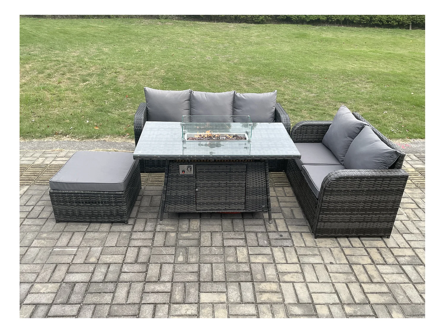 Salon de jardin exterieur Table de foyer à gaz et Canapé avec Grand tabouret