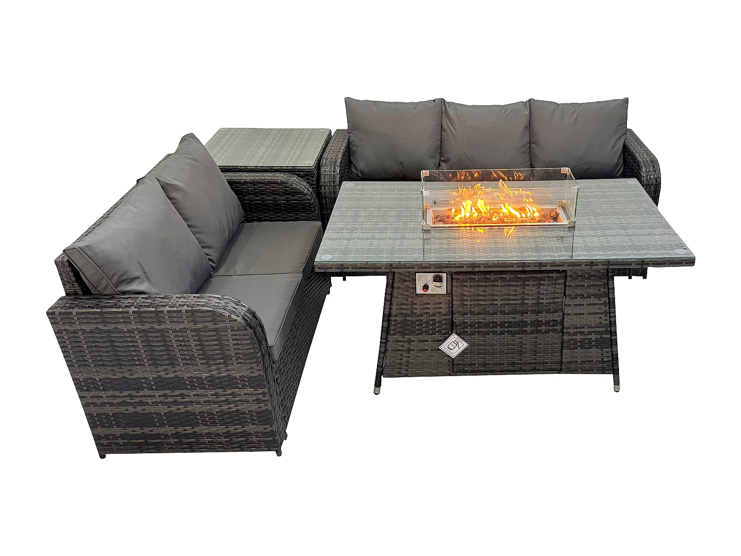 Polyrattan Gartenmöbelset Gasfeuerstelle Esstisch und Sofa set mit 2 Großer Hockern