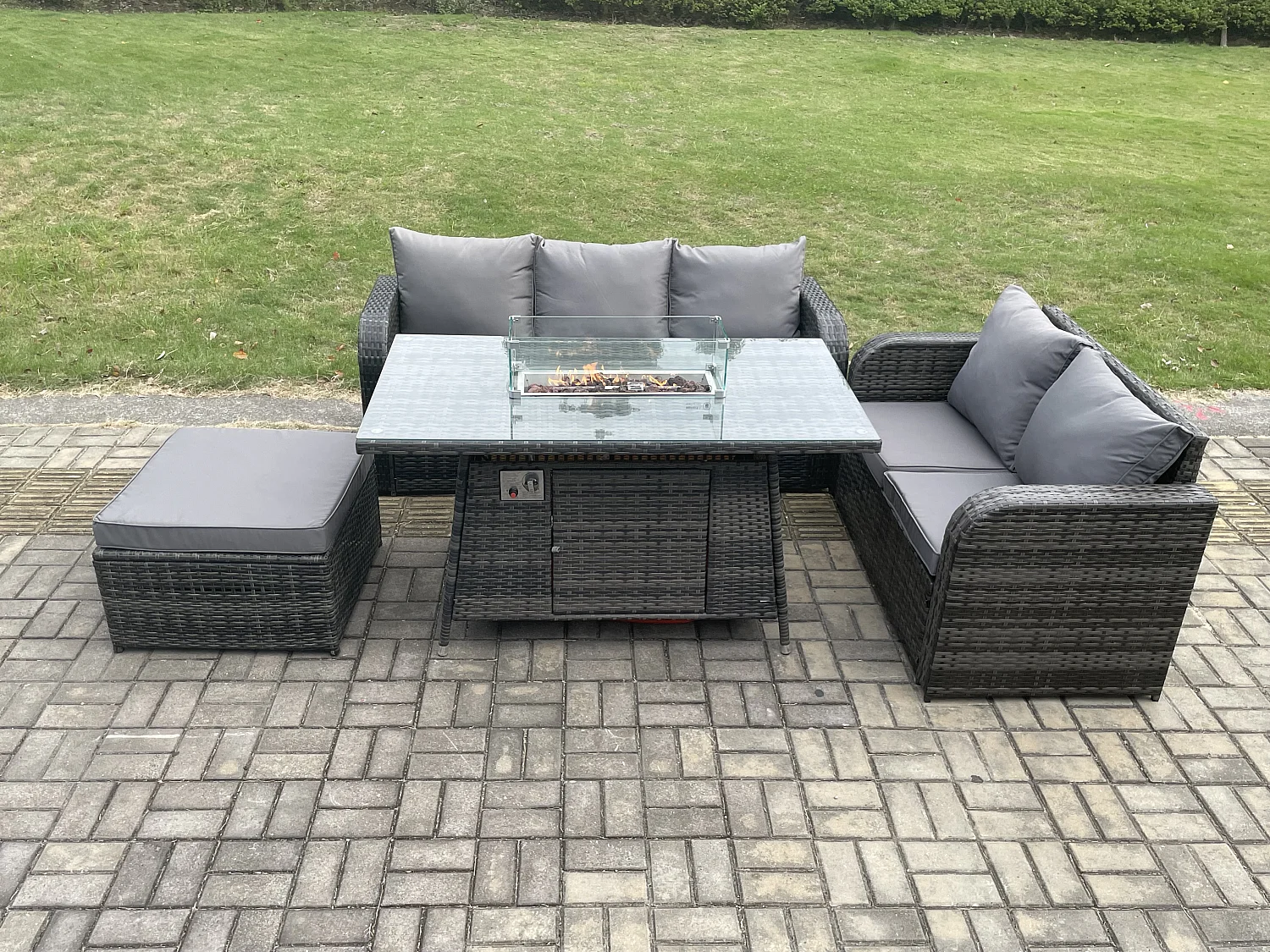 Polyrattan Gartenmöbelset Gasfeuerstelle Esstisch und Sofa set mit 2 Großer Hockern