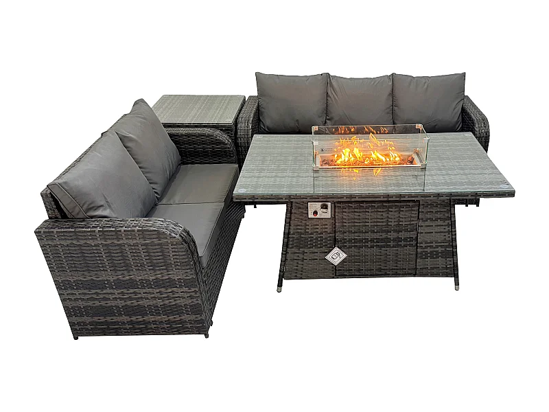 Polyrattan Gartenmöbelset Gasfeuerstelle Esstisch und Sofa set mit 2 Großer Hockern